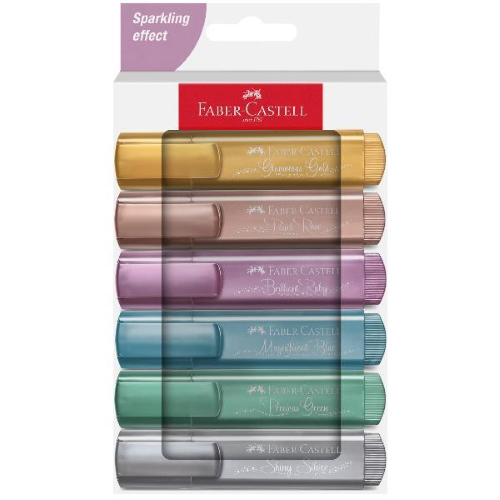 FABER CASTELL TEXTLINER 46 METALLIC EVIDENZIATORE PUNTA A SCALPELLO 1/5 mm COLORI ASSORTITI CONF 6 Pz.